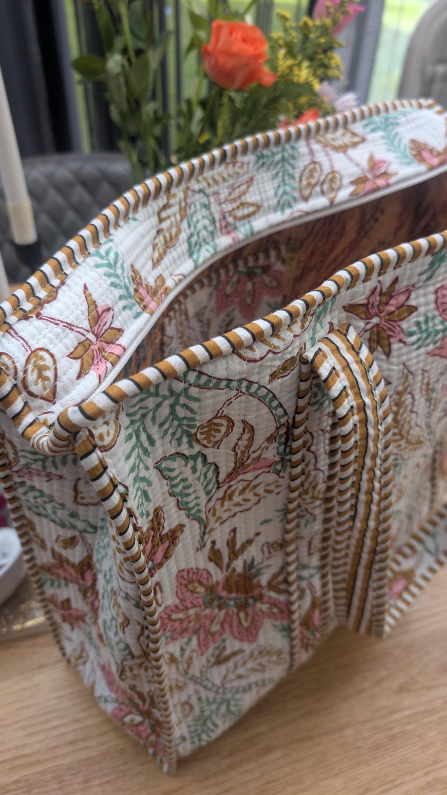 Hand Block Printed Quilted Cotton Tote Bag: Floral Mistletoe Meadow Design