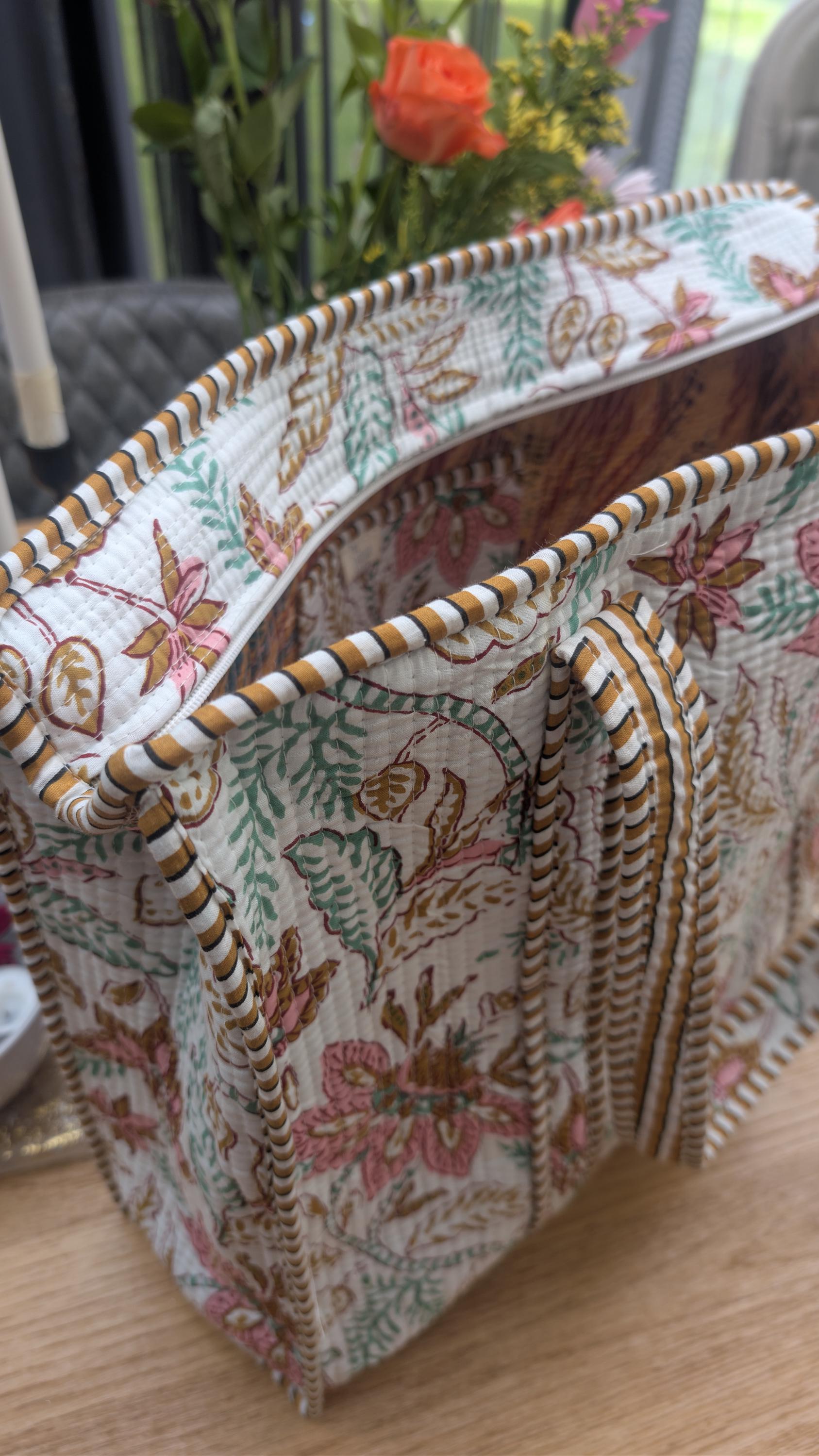 Hand Block Printed Quilted Cotton Tote Bag: Floral Mistletoe Meadow Design