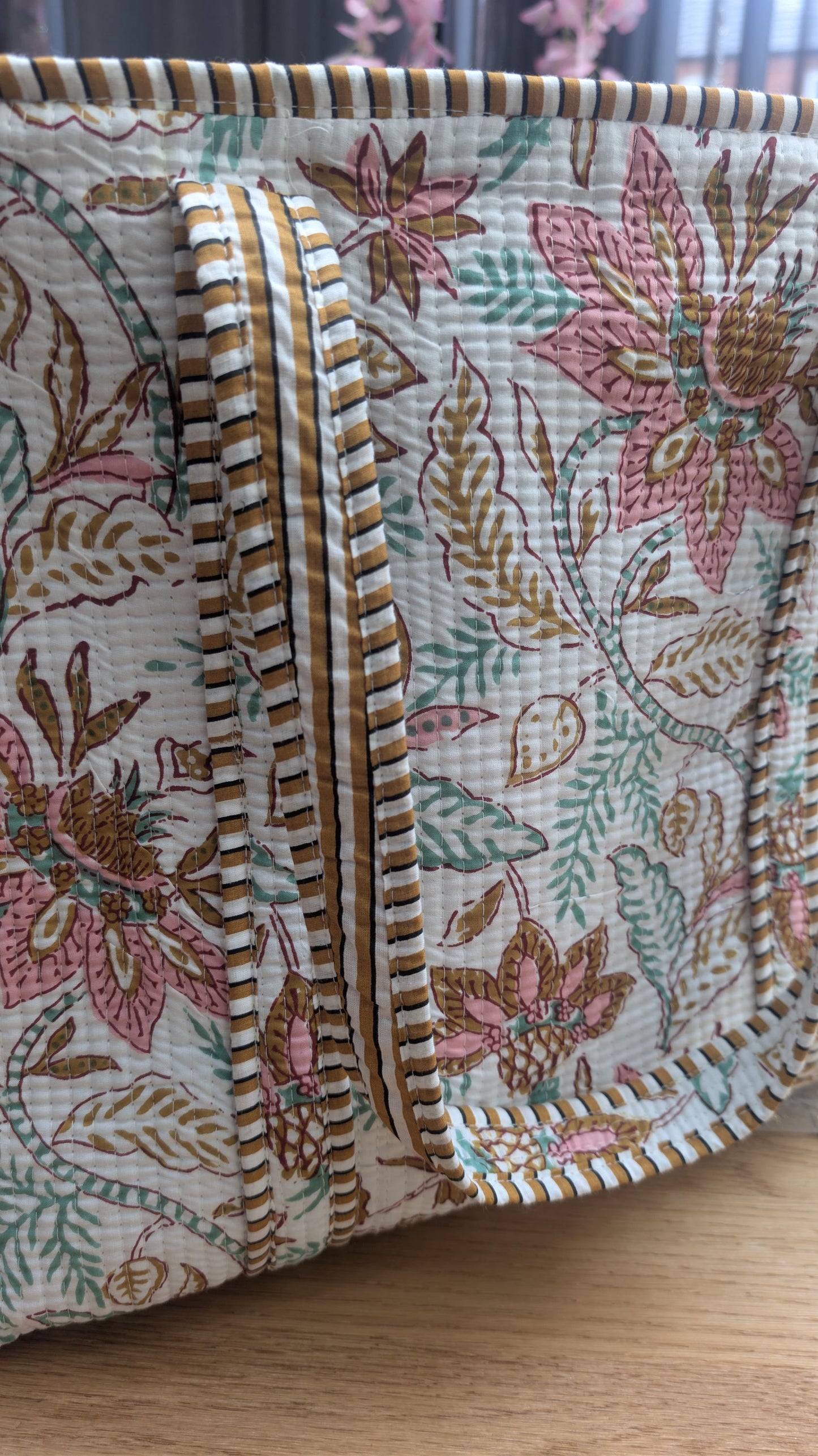 Hand Block Printed Quilted Cotton Tote Bag: Floral Mistletoe Meadow Design