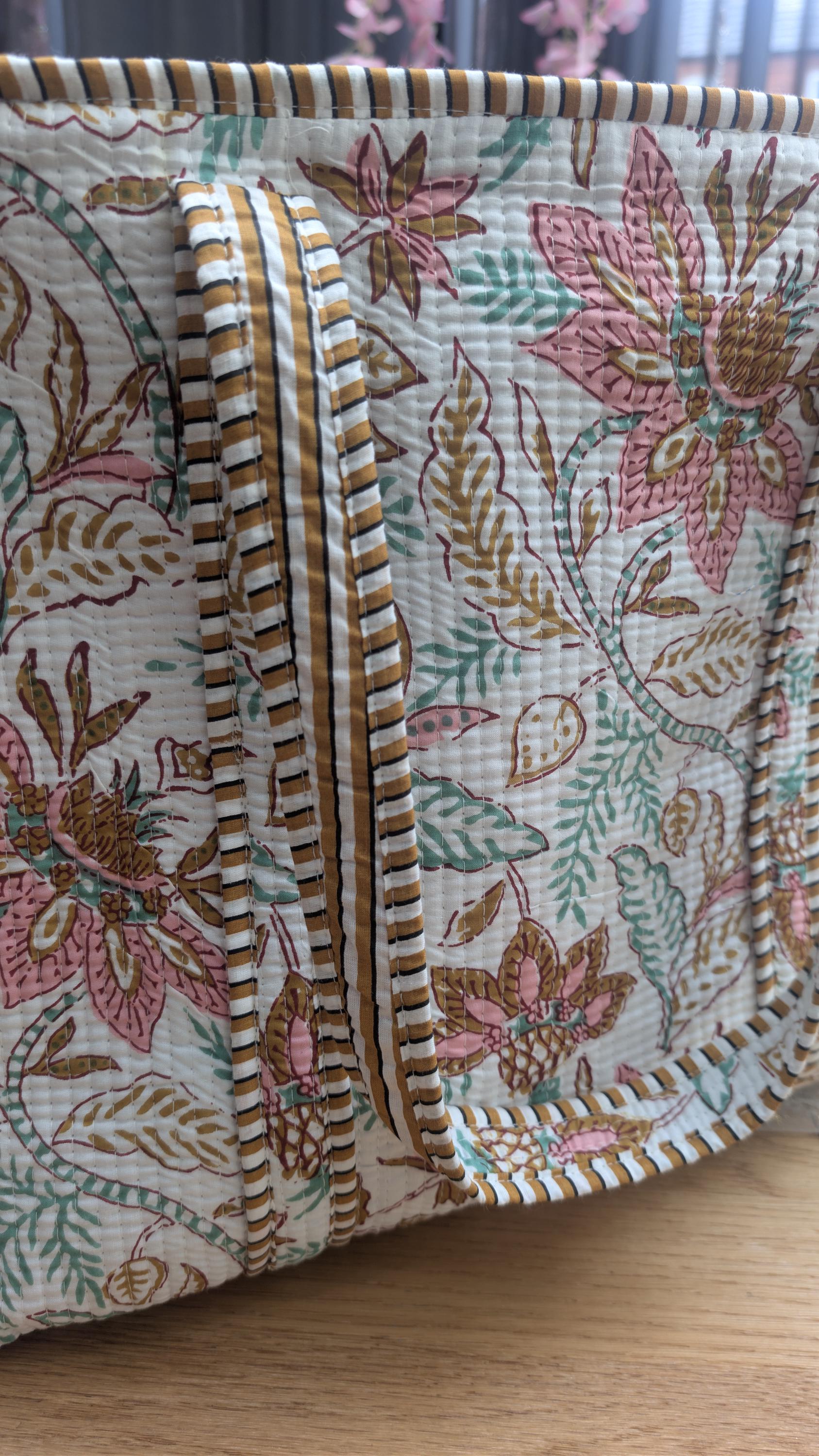 Hand Block Printed Quilted Cotton Tote Bag: Floral Mistletoe Meadow Design