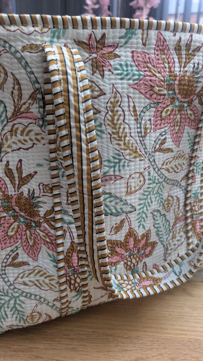 Hand Block Printed Quilted Cotton Tote Bag: Floral Mistletoe Meadow Design