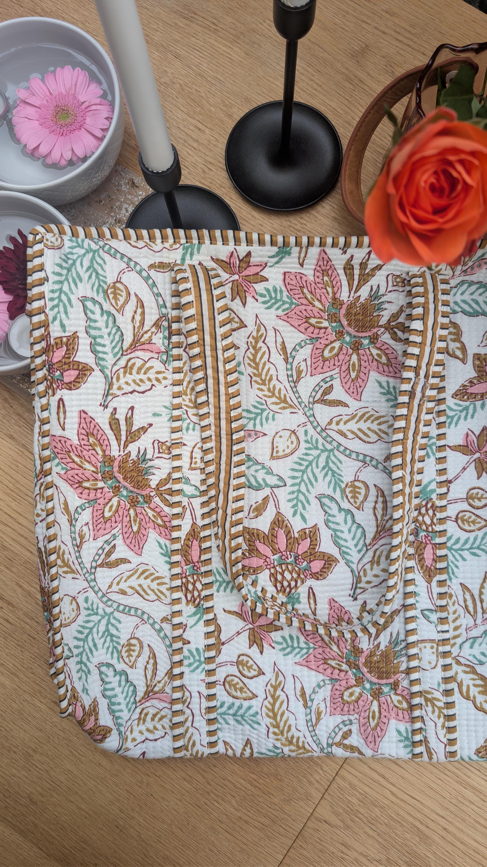 Hand Block Printed Quilted Cotton Tote Bag: Floral Mistletoe Meadow Design