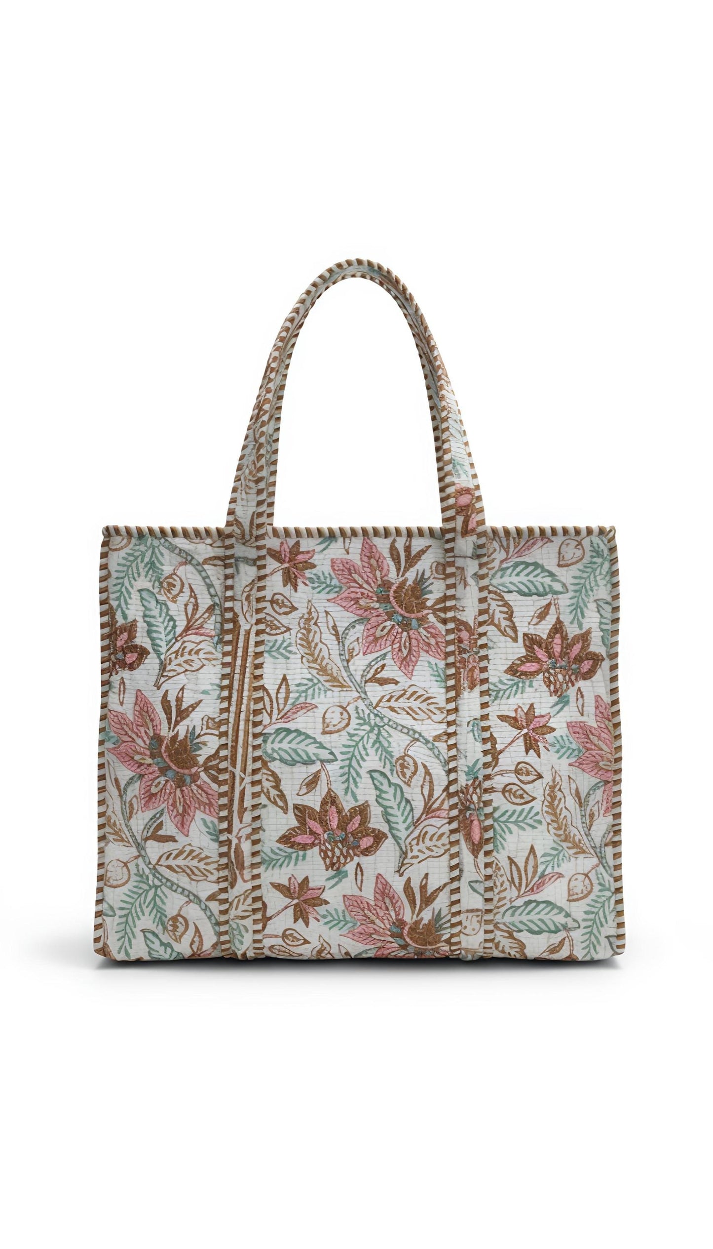 Hand Block Printed Quilted Cotton Tote Bag: Floral Mistletoe Meadow Design