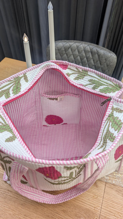 Hand Block Printed Quilted Tote Bag: Floral English Rose, Lined Zipper Bag