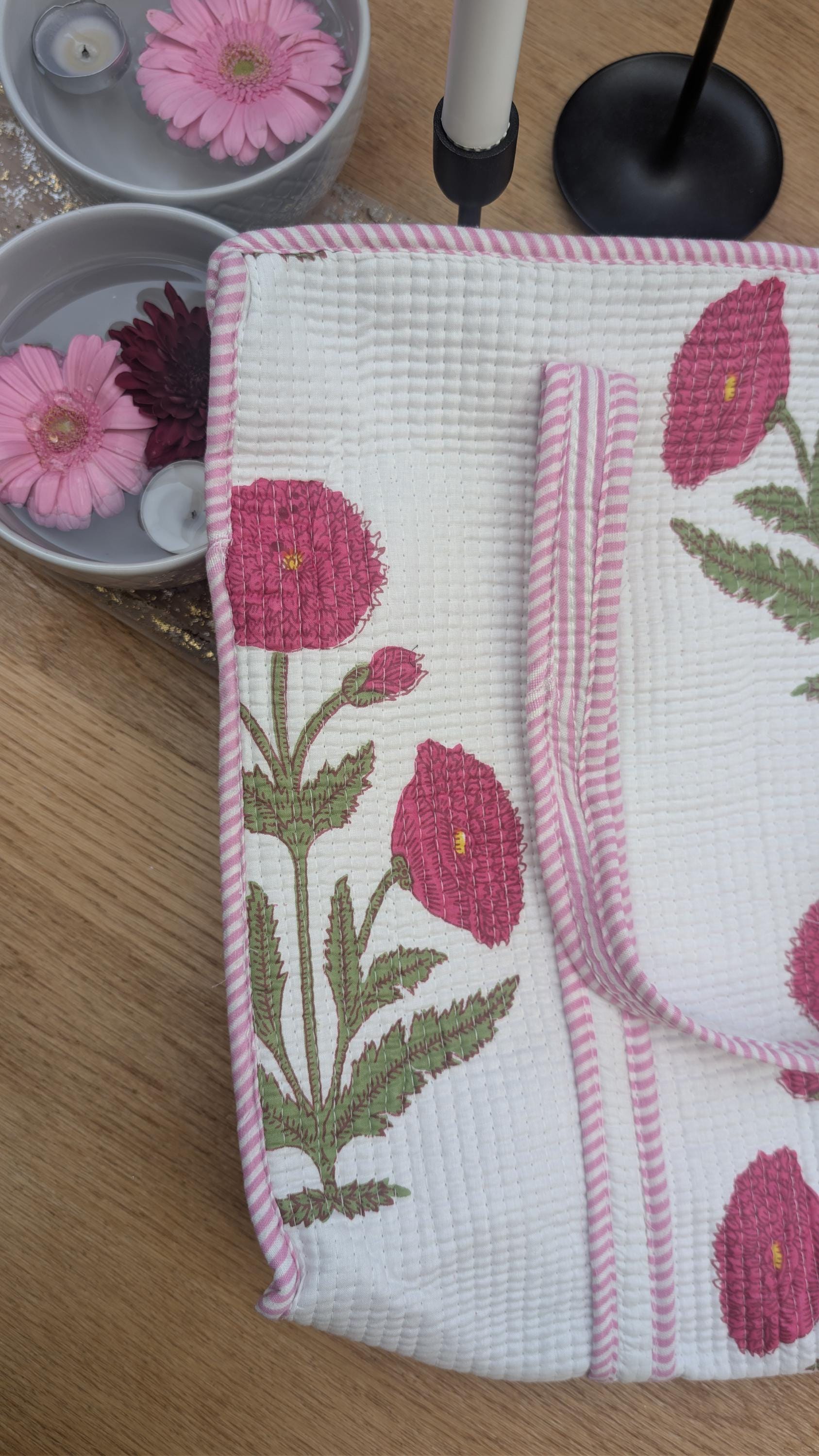 Hand Block Printed Quilted Tote Bag: Floral English Rose, Lined Zipper Bag