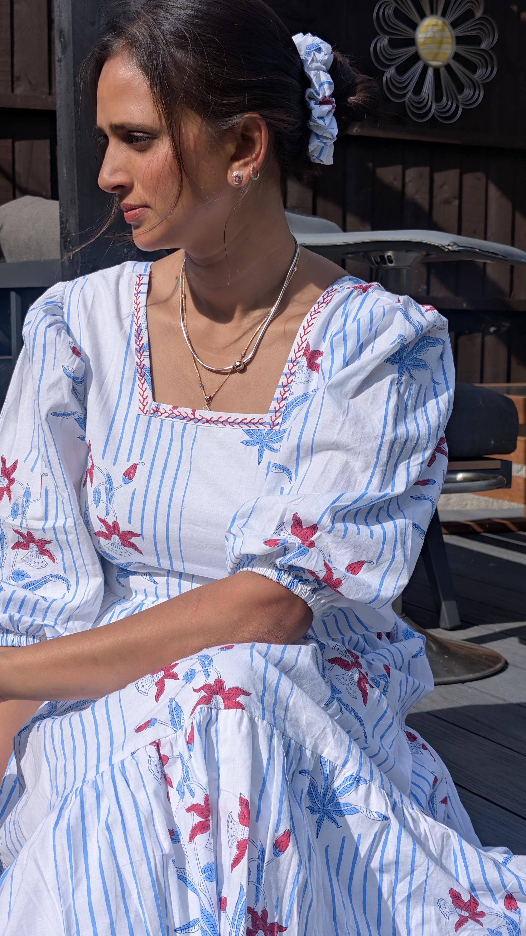 Hand Block Printed Spring Garden Maxi Dress with  matching Scrunchie - Cotton dress, Artisan Made