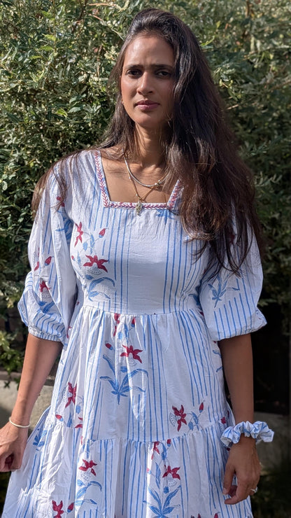 Hand Block Printed Spring Garden Maxi Dress with  matching Scrunchie - Cotton dress, Artisan Made