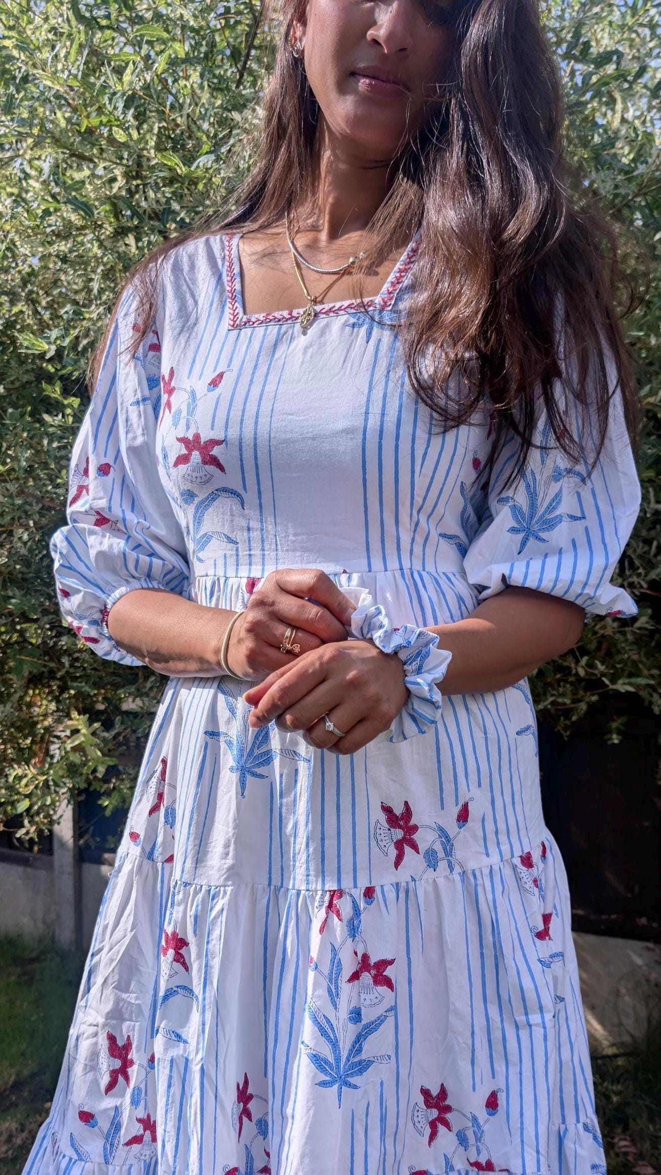 Hand Block Printed Spring Garden Maxi Dress with  matching Scrunchie - Cotton dress, Artisan Made