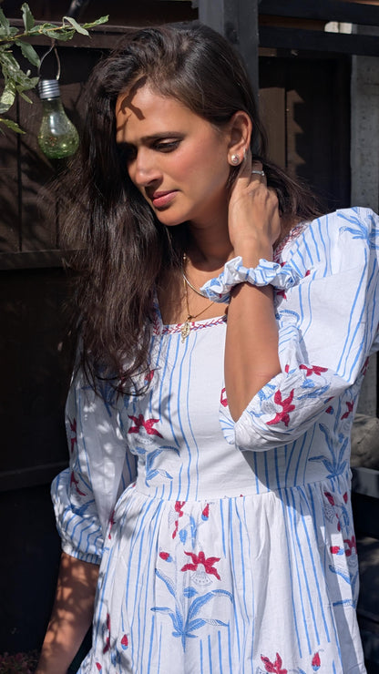 Hand Block Printed Spring Garden Maxi Dress with  matching Scrunchie - Cotton dress, Artisan Made