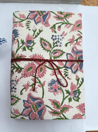 Handmade Journals, Pure Cotton, Wood Block Print, Recycled Paper, Thread Tie | 9x6 Floral