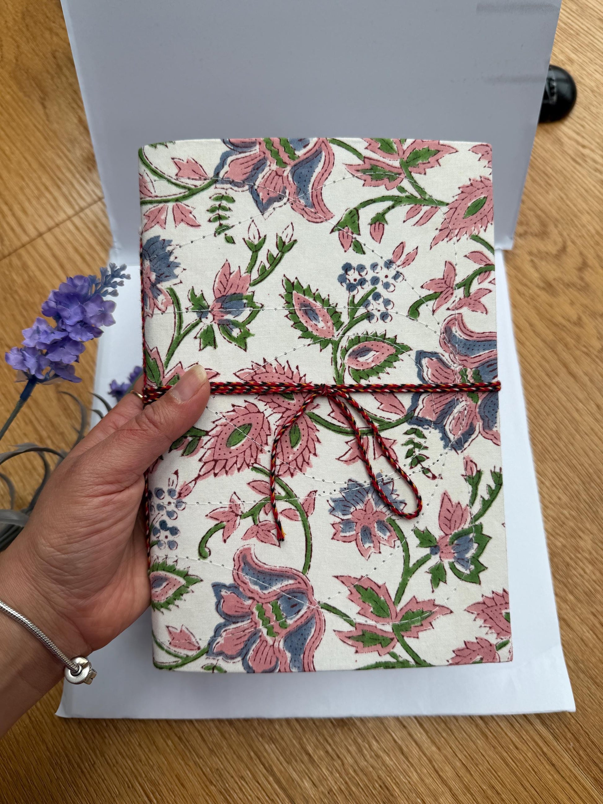 Handmade Journals, Pure Cotton, Wood Block Print, Recycled Paper, Thread Tie | 9x6 Floral