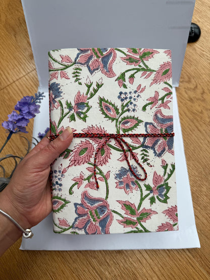Handmade Journals, Pure Cotton, Wood Block Print, Recycled Paper, Thread Tie | 9x6 Floral