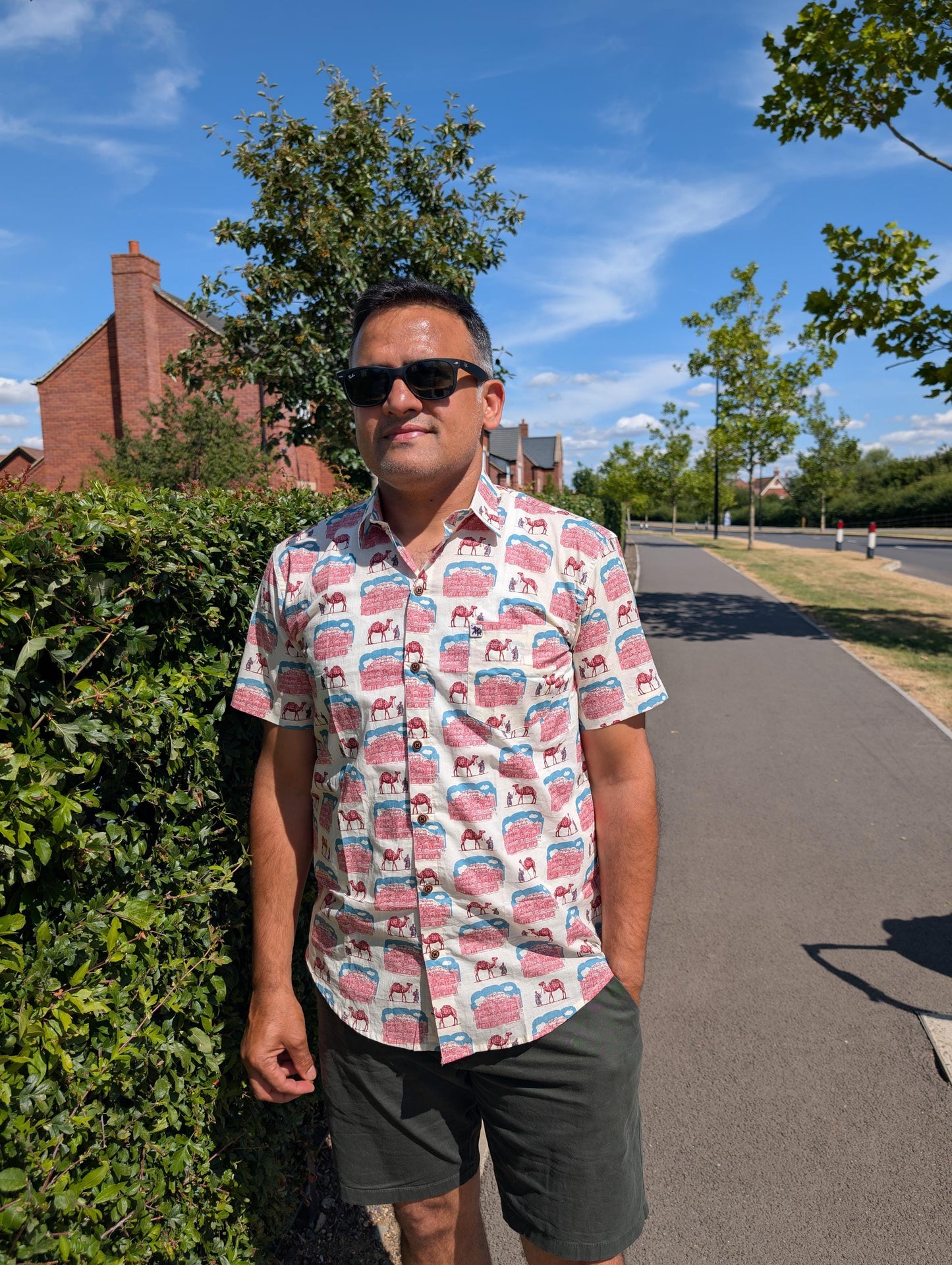 Hawa Mahal Camel Print Cotton Shirt: Handmade block print - Jaipur India Cityscape Resort Wear
