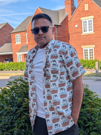 Hawa Mahal Camel Print Cotton Shirt: Handmade block print - Jaipur India Cityscape Resort Wear
