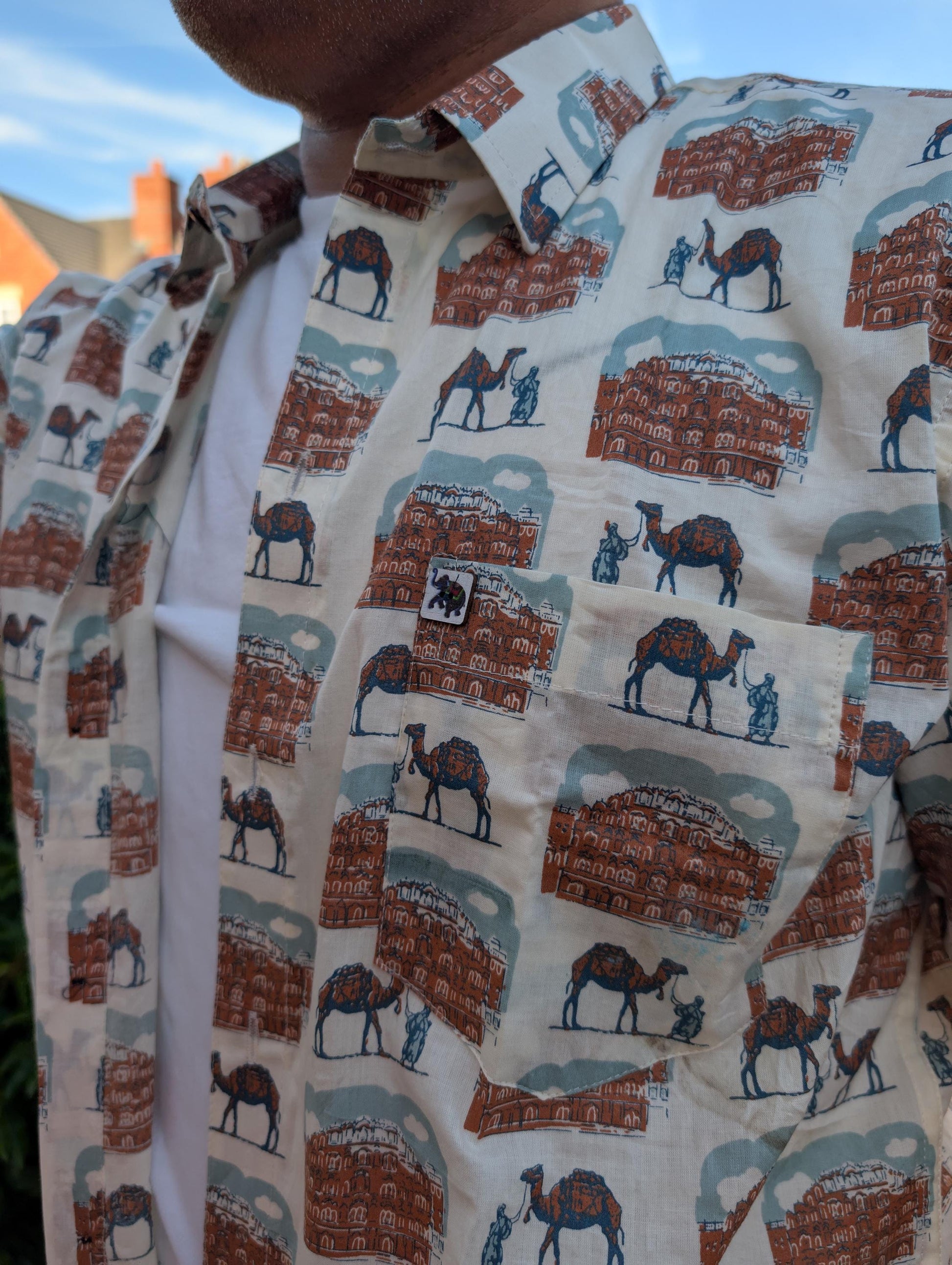 Hawa Mahal Camel Print Cotton Shirt: Handmade block print - Jaipur India Cityscape Resort Wear