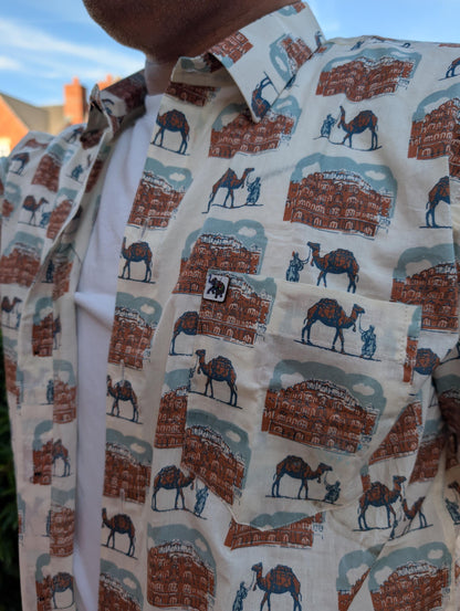 Hawa Mahal Camel Print Cotton Shirt: Handmade block print - Jaipur India Cityscape Resort Wear