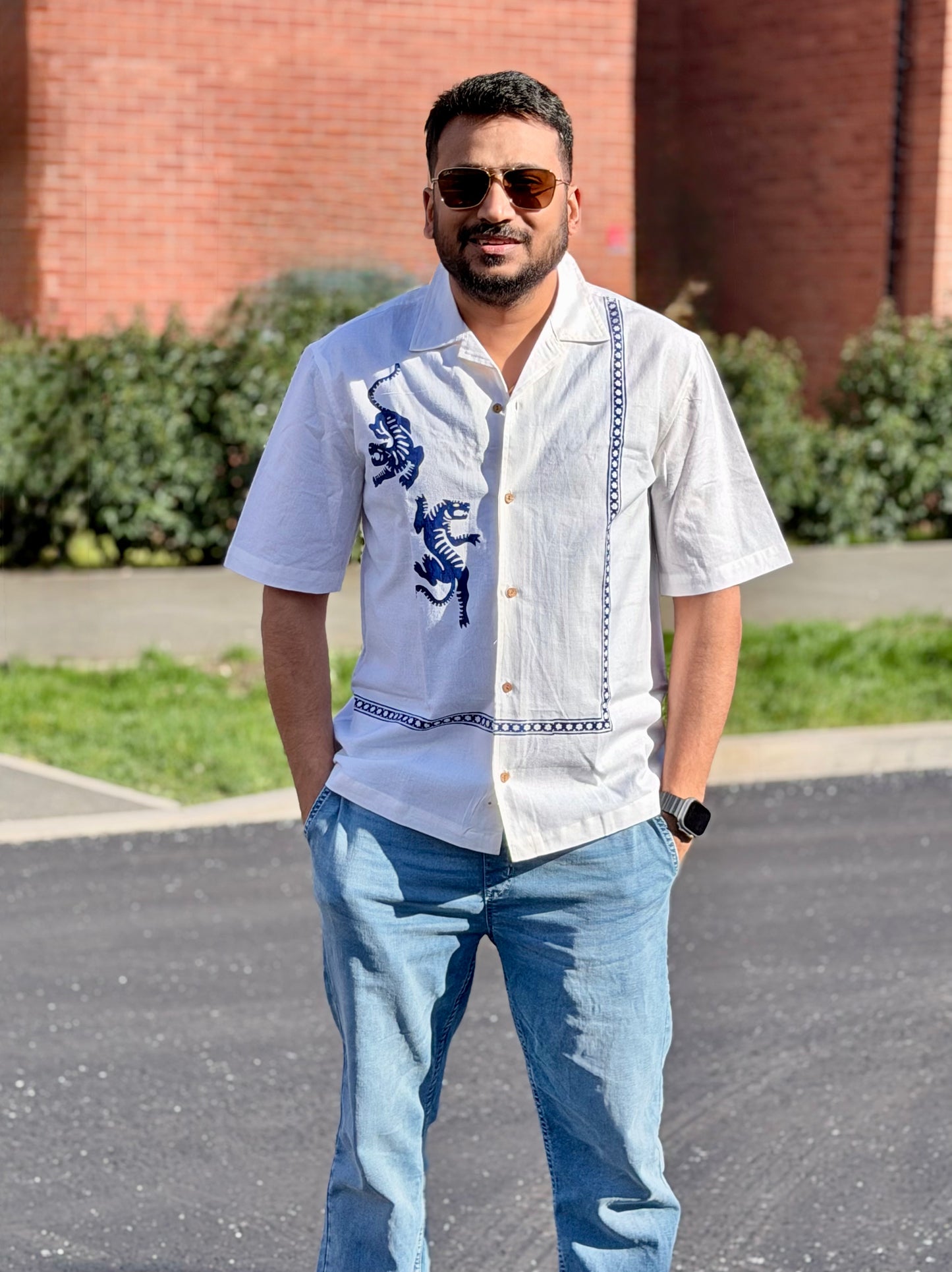 Men's Linen Cotton Shirt – Blue Tiger & White