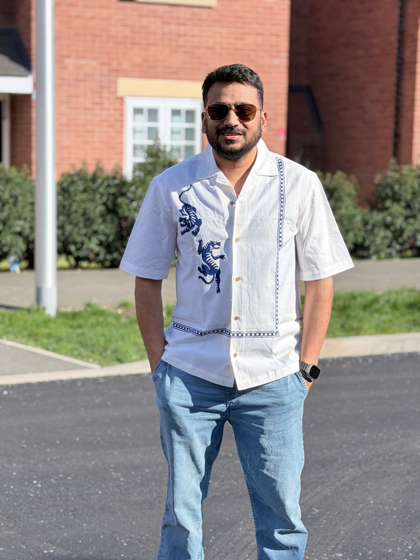 Men's Linen Cotton Shirt – Blue Tiger & White