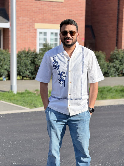 Men's Linen Cotton Shirt – Blue Tiger & White