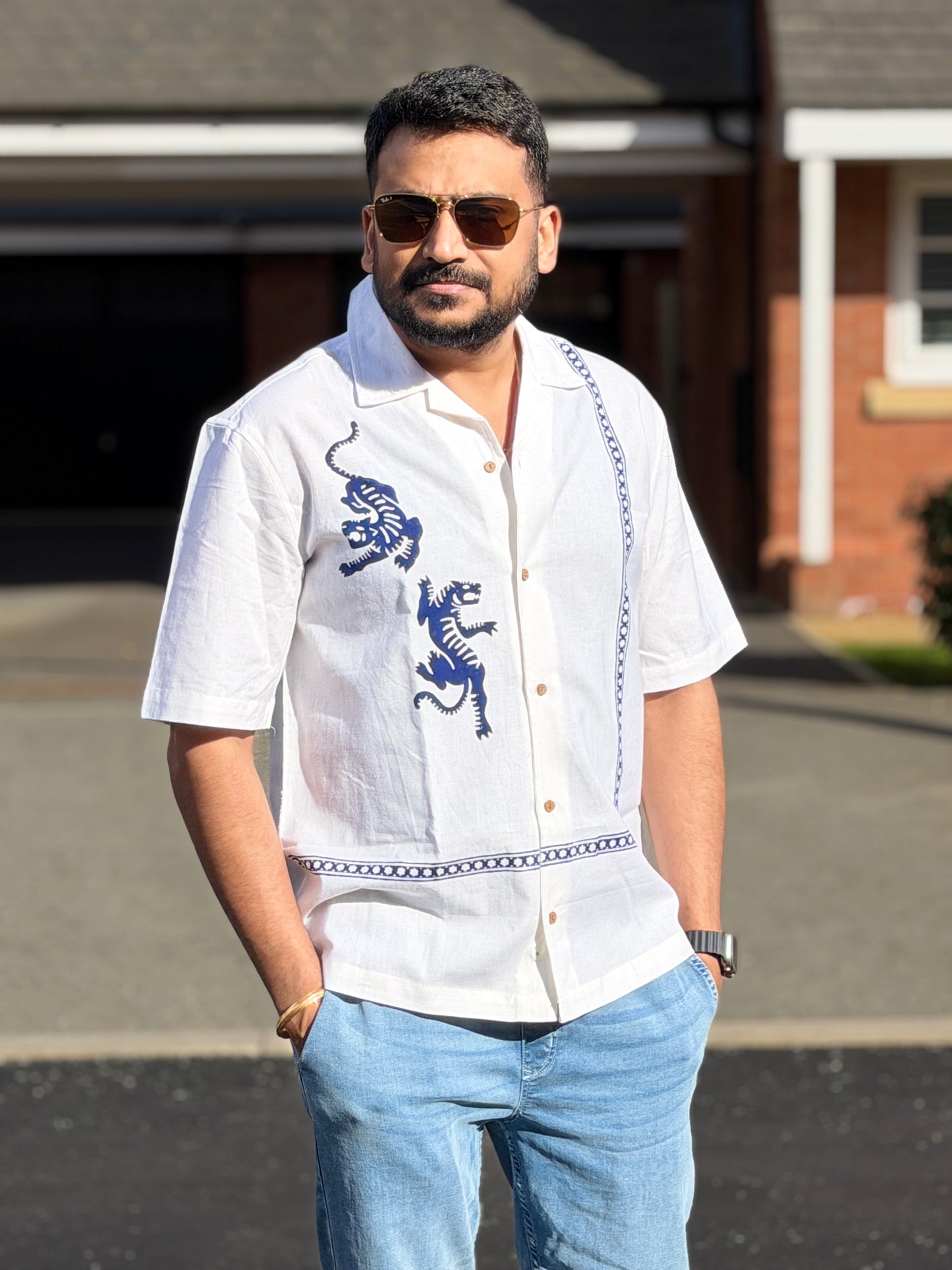 Men's Linen Cotton Shirt – Blue Tiger & White