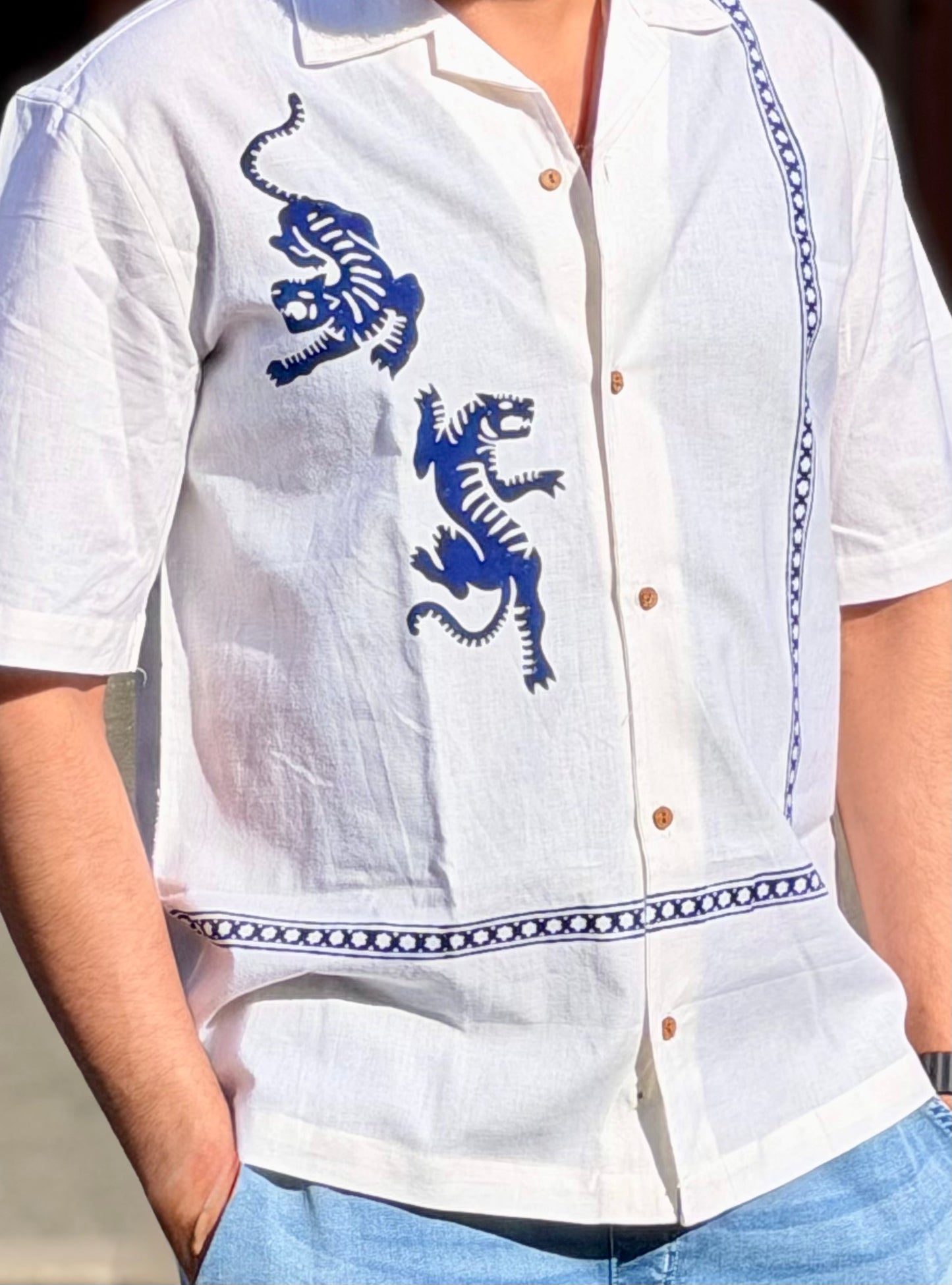 Men's Linen Cotton Shirt – Blue Tiger & White