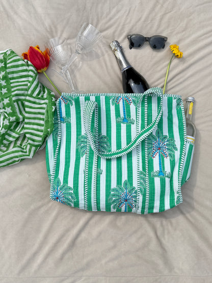 Green Palm Stripe Quilted Cotton Tote Bag