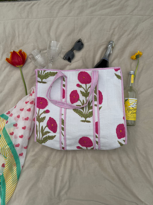 English Rose Quilted Cotton Tote Bag