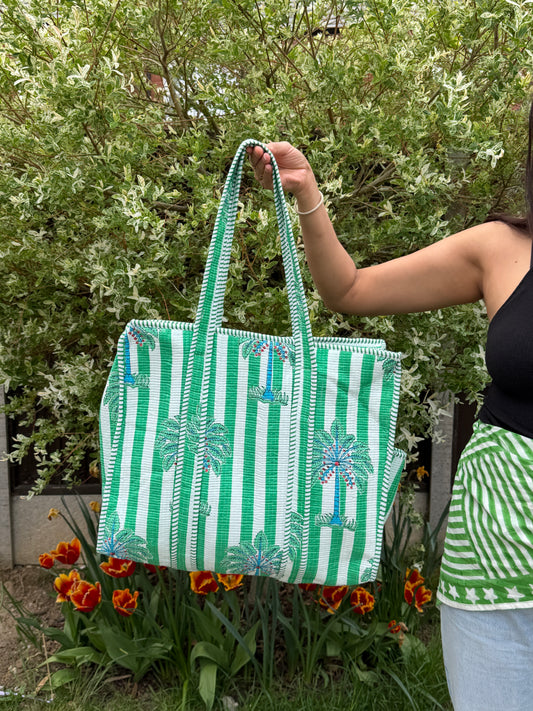 Green Palm Stripe Quilted Cotton Tote Bag