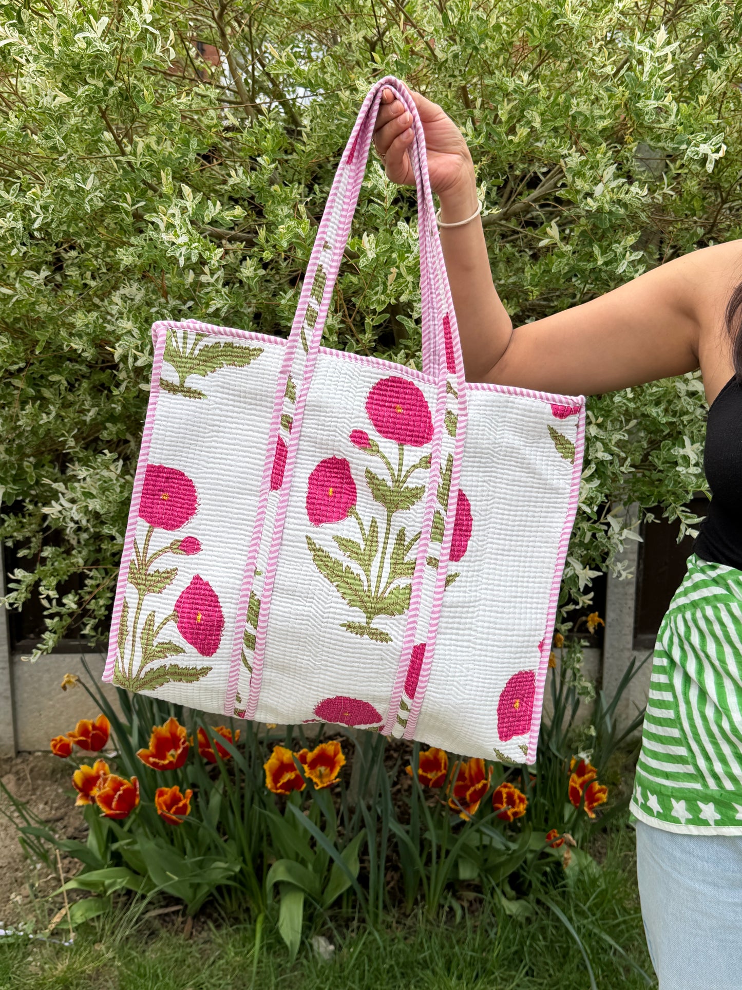 English Rose Quilted Cotton Tote Bag
