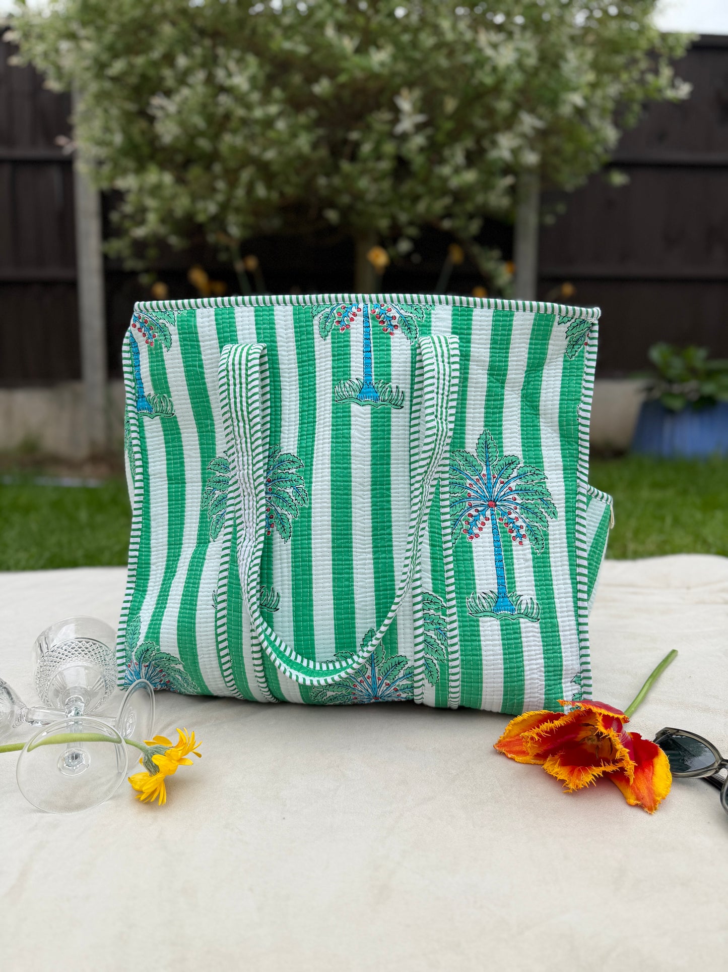 Green Palm Stripe Quilted Cotton Tote Bag