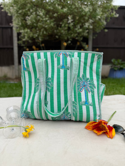 Green Palm Stripe Quilted Cotton Tote Bag