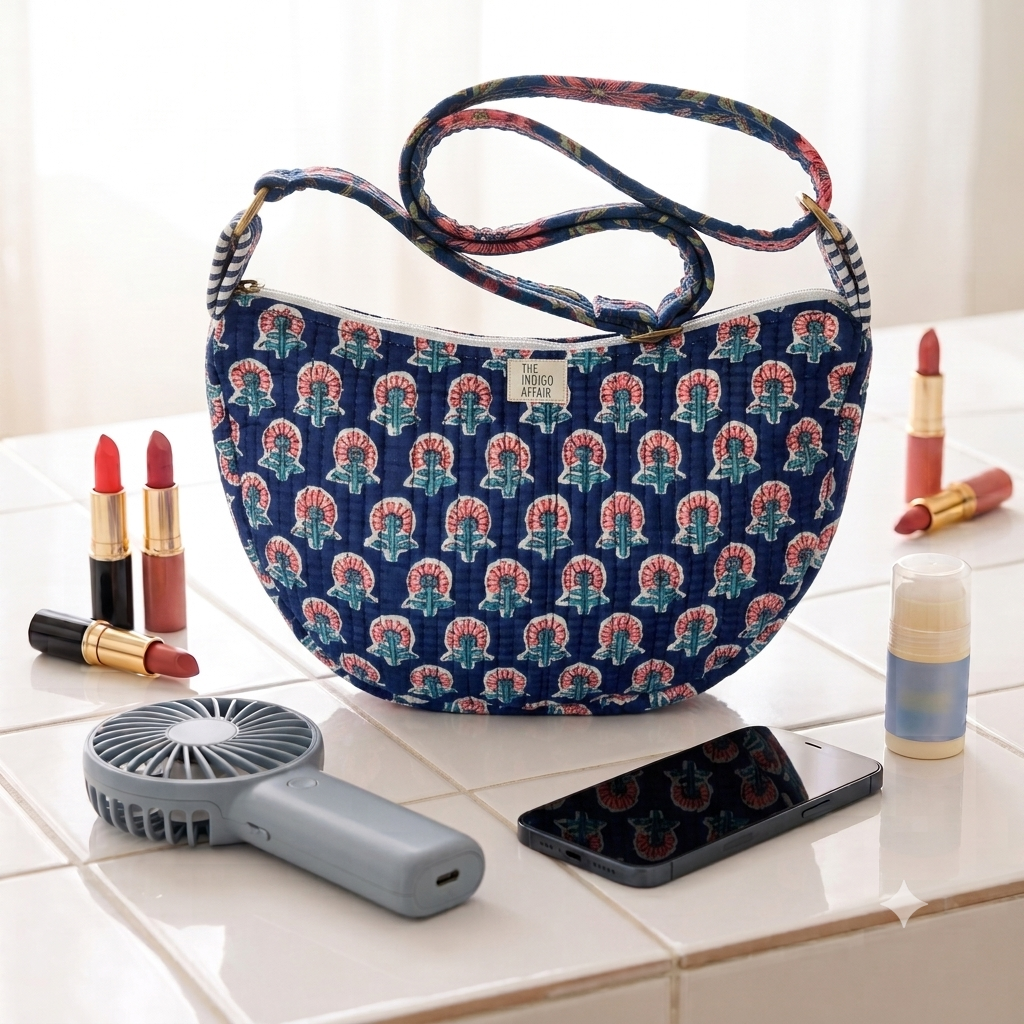 Indigo Buti Jaipur Half Moon Bag