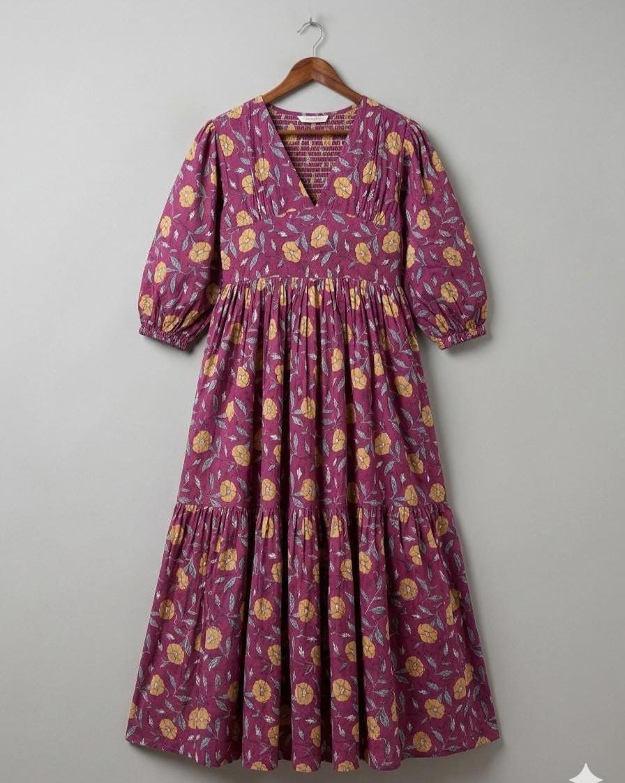 Mulberry Meadow Maxi Dress – Hand Block Printed Cotton Floral Garden Dress