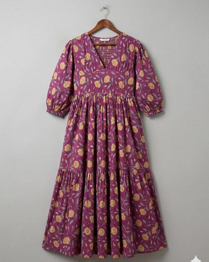 Mulberry Meadow Maxi Dress – Hand Block Printed Cotton Floral Garden Dress