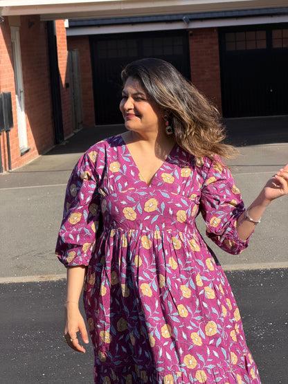 Mulberry Meadow Maxi Dress – Hand Block Printed Cotton Floral Garden Dress