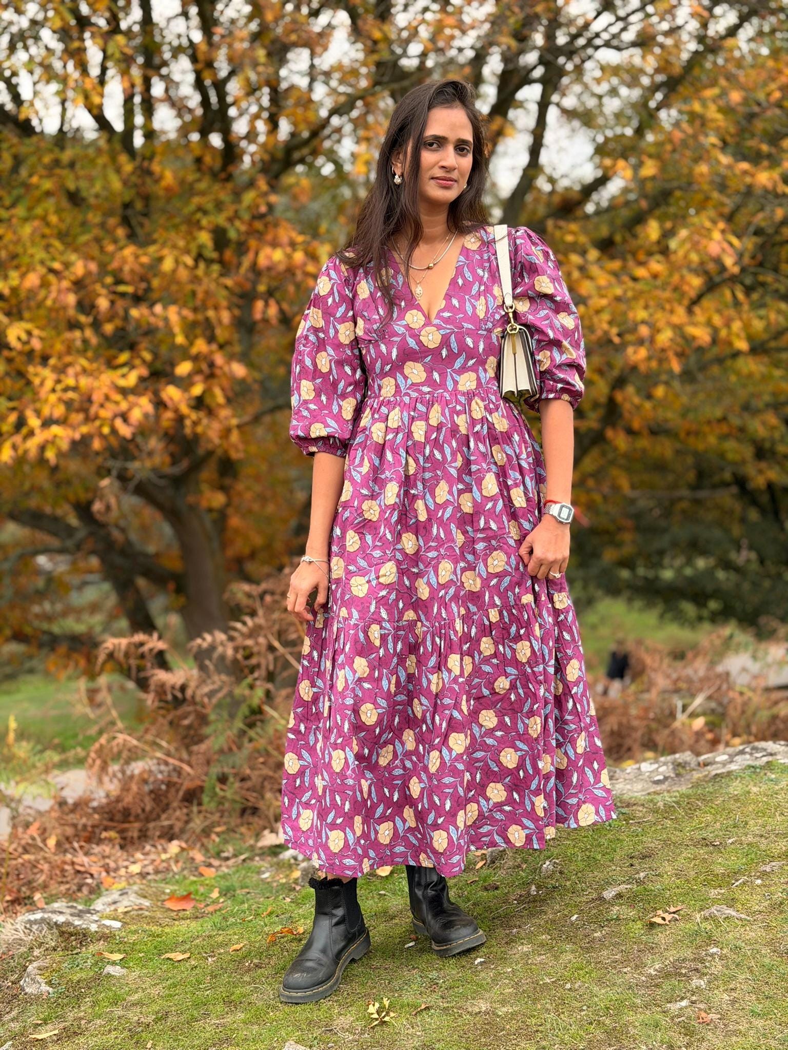 Mulberry Meadow Maxi Dress – Hand Block Printed Cotton Floral Garden Dress