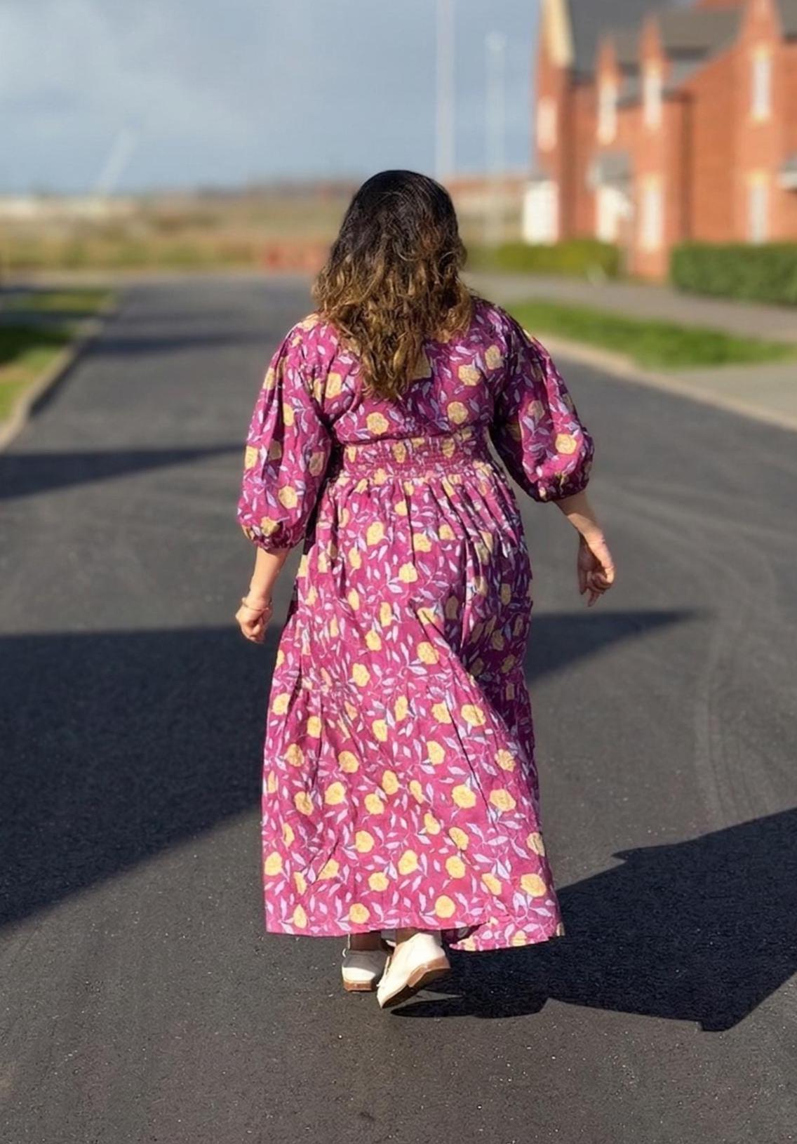 Mulberry Meadow Maxi Dress – Hand Block Printed Cotton Floral Garden Dress