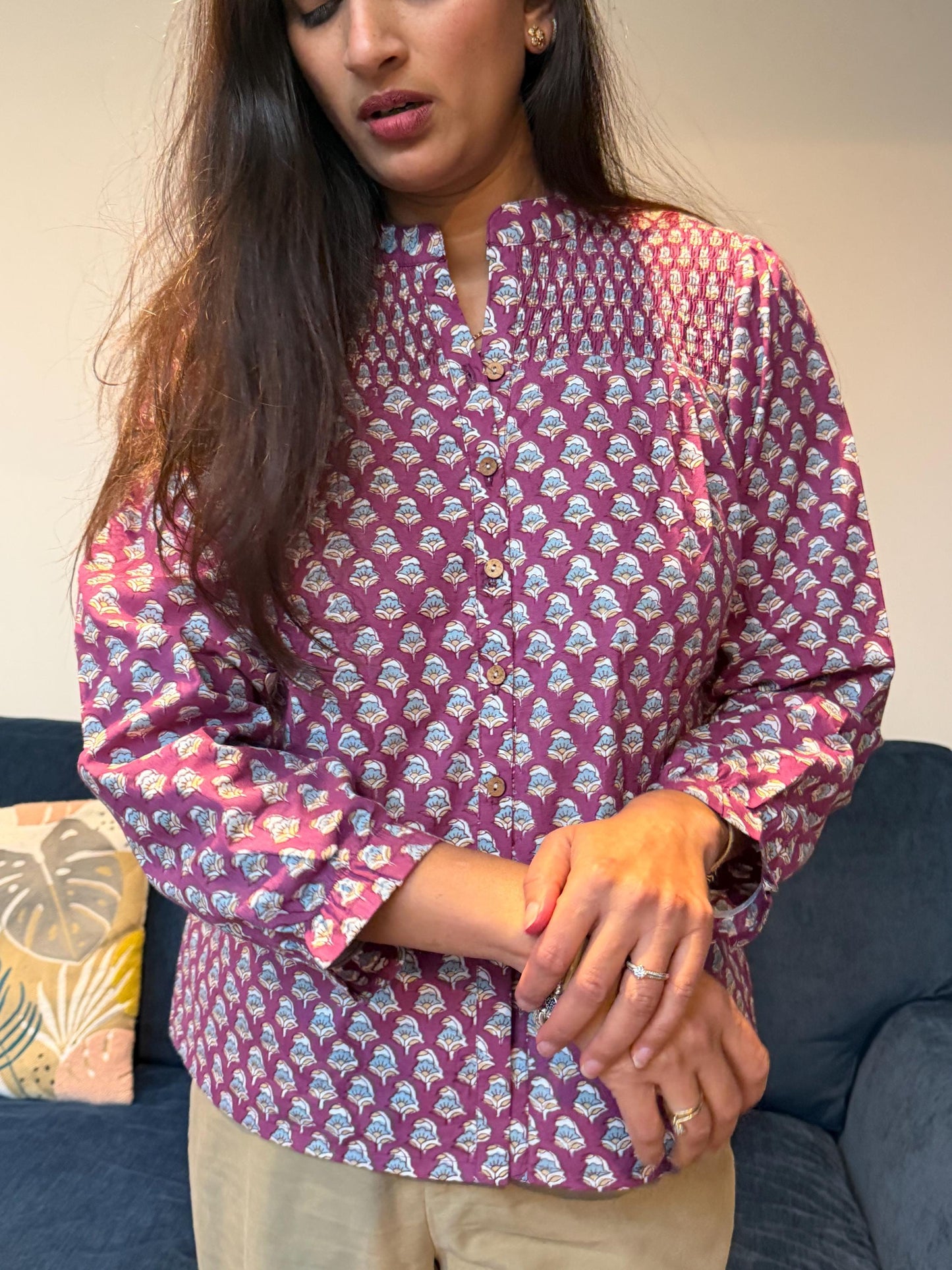 Mulberry Top - Hand Block Printed Button Up | Thick Indian Cotton Blouse, Artisan Made