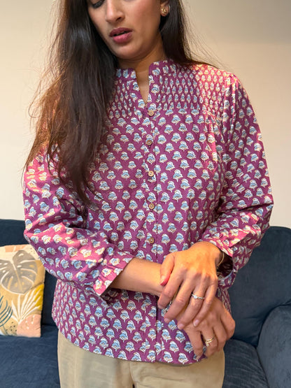 Mulberry Top - Hand Block Printed Button Up | Thick Indian Cotton Blouse, Artisan Made