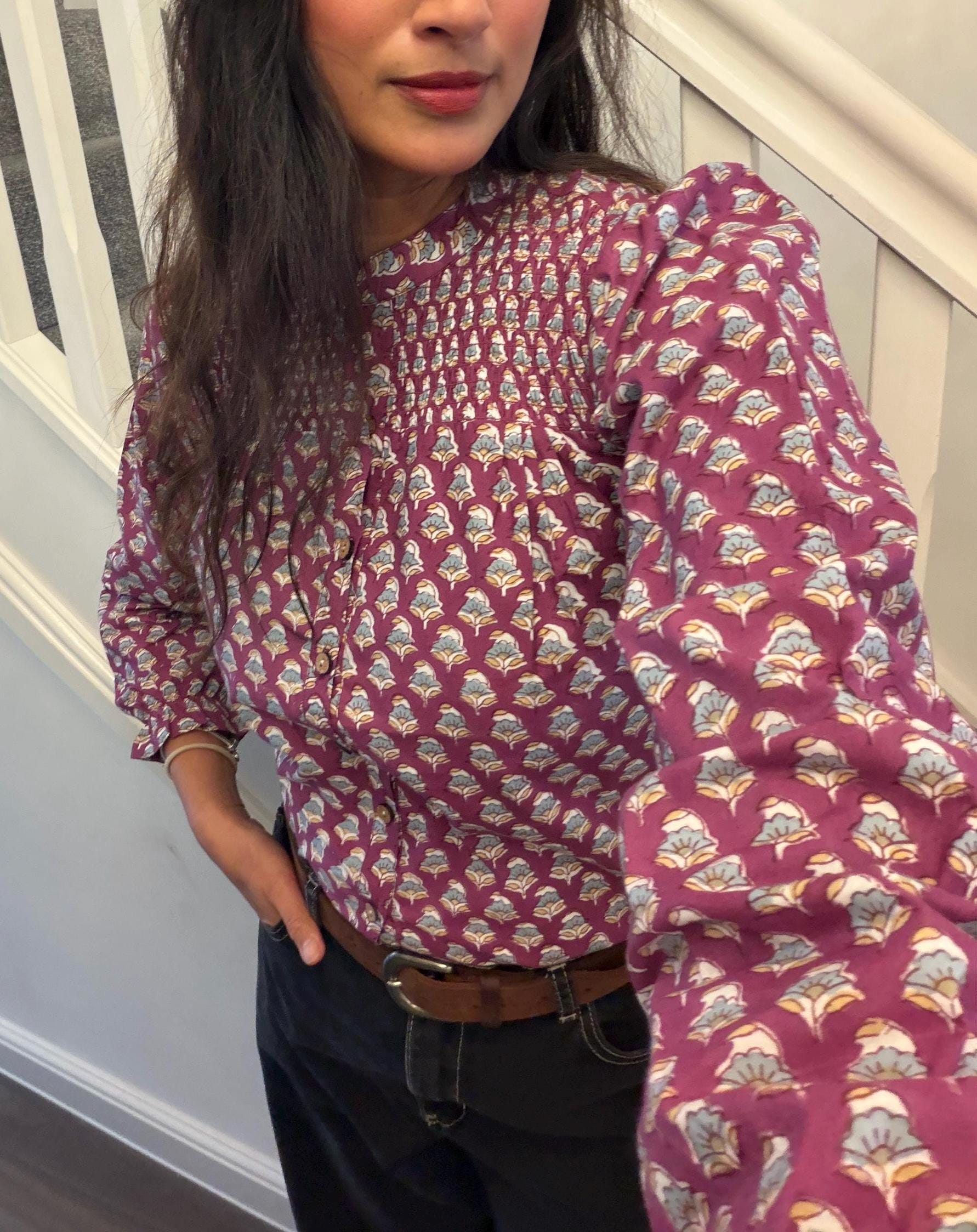 Mulberry Top - Hand Block Printed Button Up | Thick Indian Cotton Blouse, Artisan Made