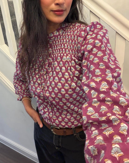 Mulberry Top - Hand Block Printed Button Up | Thick Indian Cotton Blouse, Artisan Made