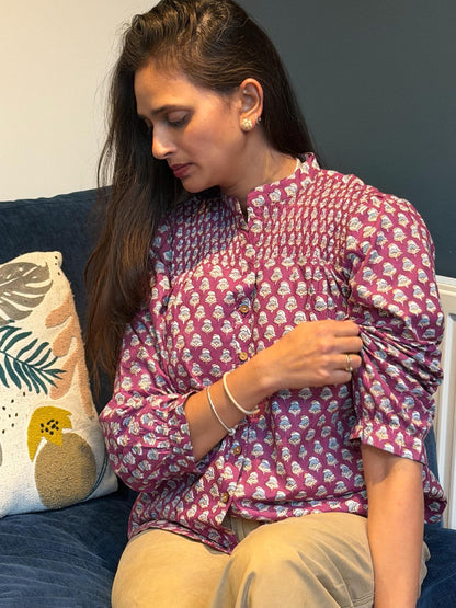 Mulberry Top - Hand Block Printed Button Up | Thick Indian Cotton Blouse, Artisan Made