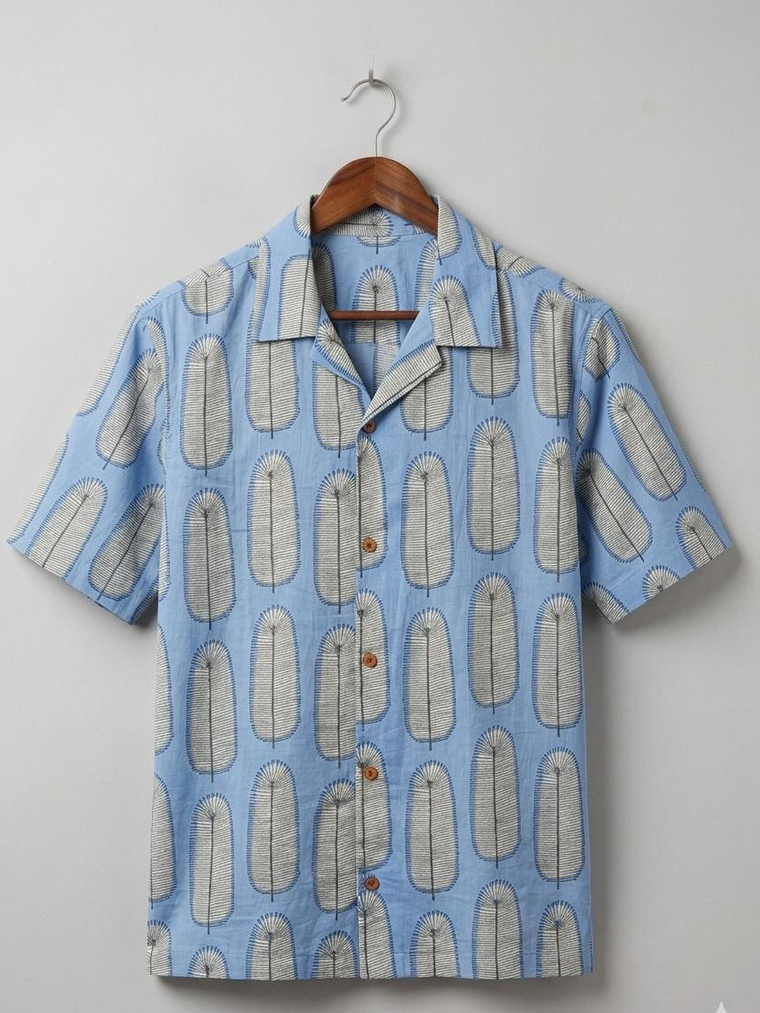 Neel Plume Cotton Shirt - Handmade Block Printed - Palm & Elephant pattern Resort Wear