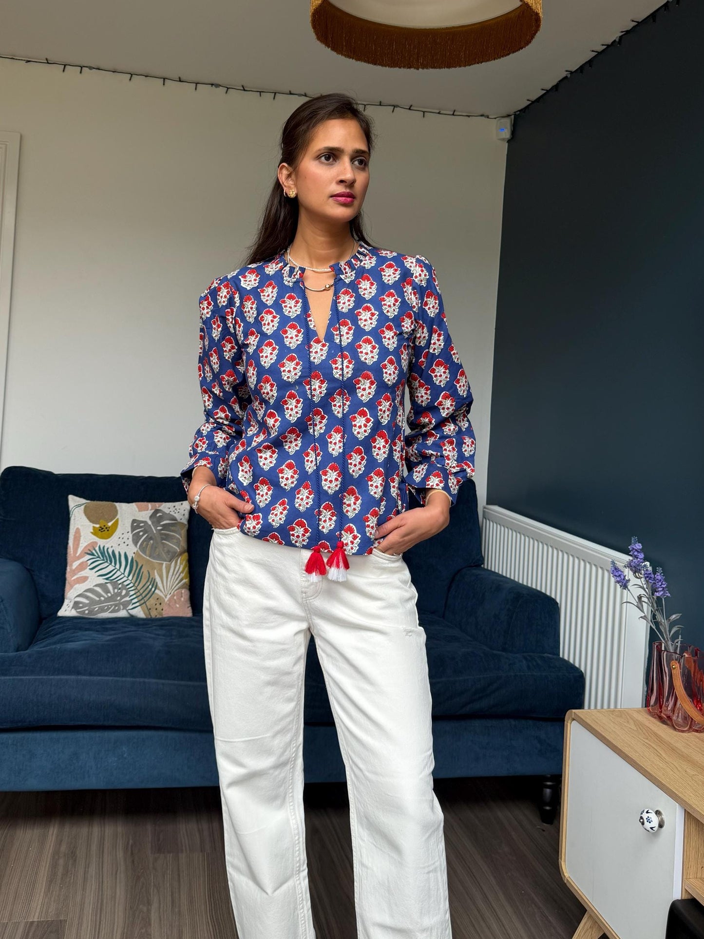 Noor Top - Hand Block Printed | Thick Cotton Blouse, Tassel Detail, Artisan Made