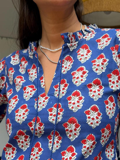 Noor Top - Hand Block Printed | Thick Cotton Blouse, Tassel Detail, Artisan Made