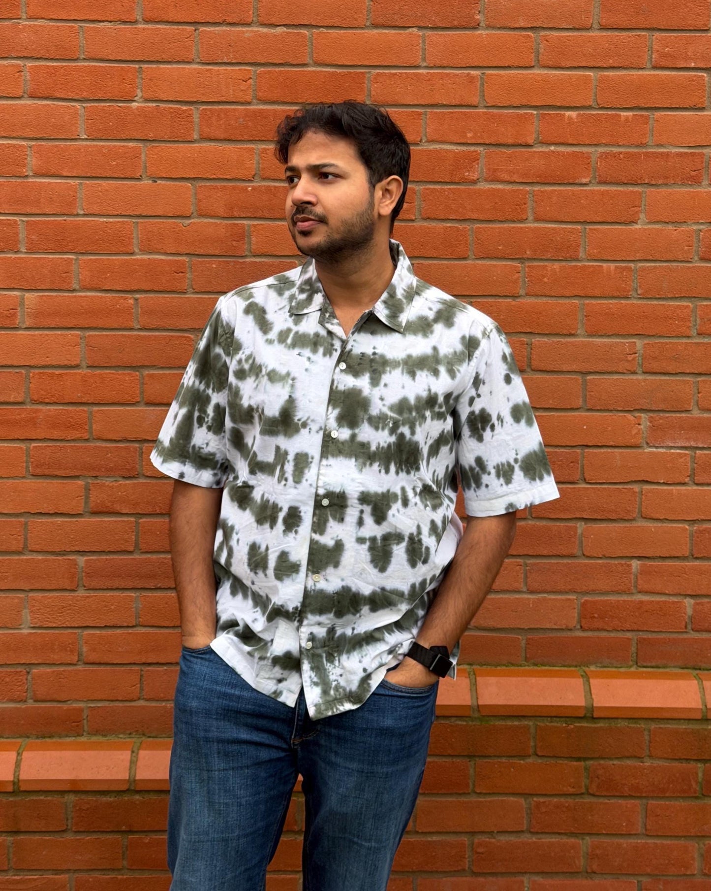 Olive Green Tie Dye Shirt | 100% Cotton Button-Down, Artisan Streetwear