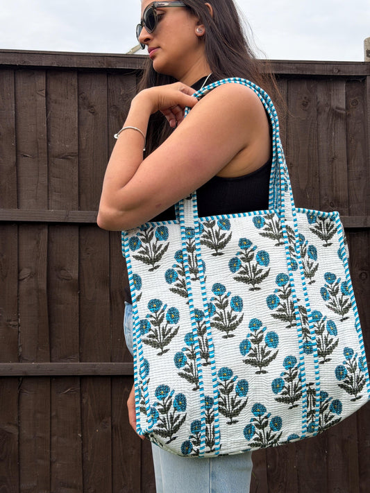 Quilted Tote Bag - Handcrafted block print : Blue Floral Print, Zippered Pocket