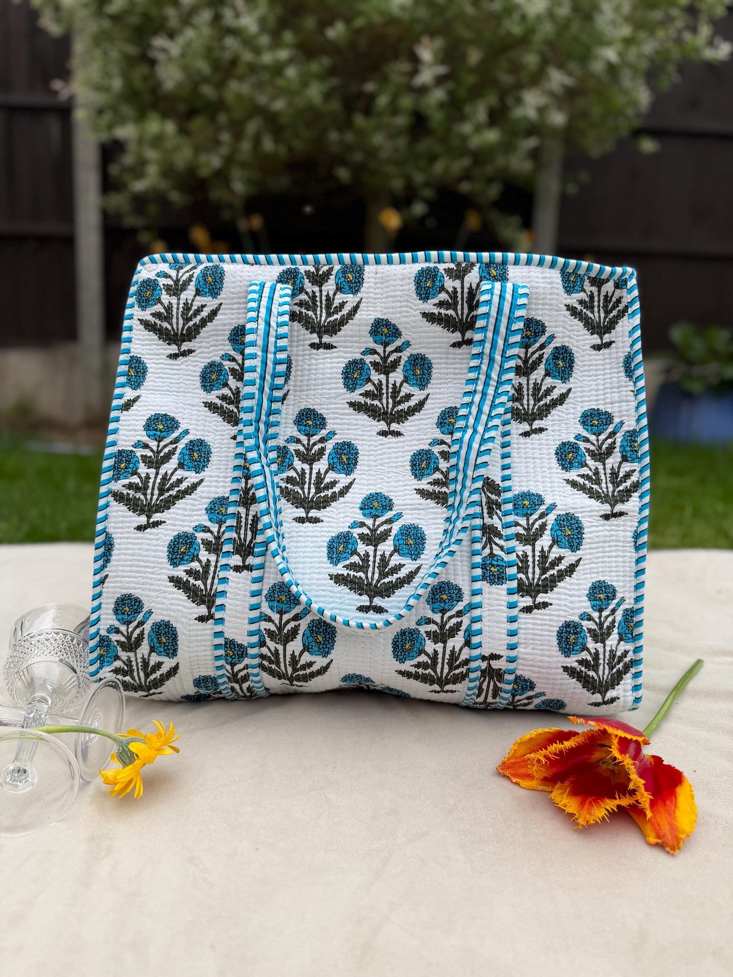 Quilted Tote Bag - Handcrafted block print : Blue Floral Print, Zippered Pocket