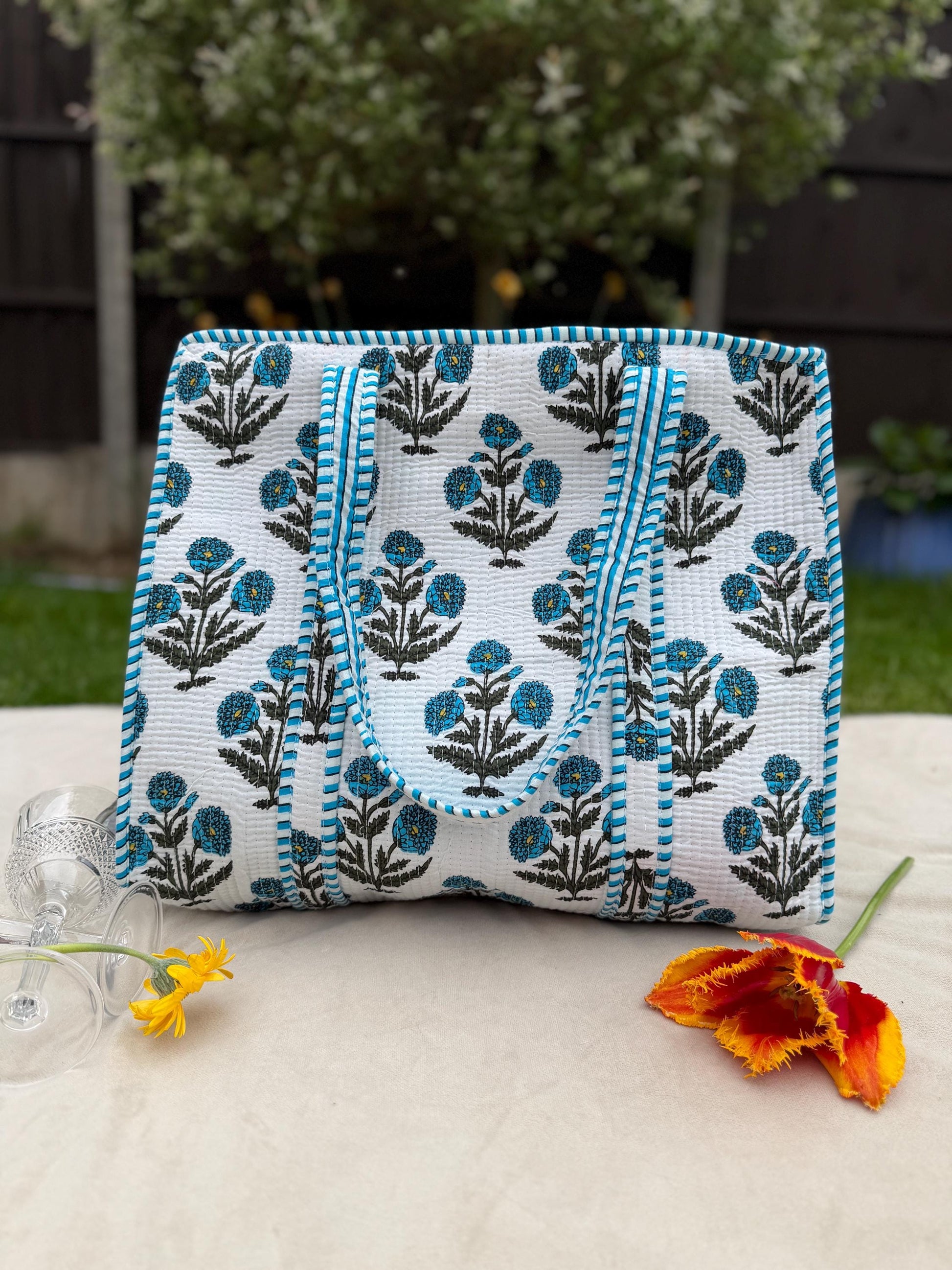 Quilted Tote Bag - Handcrafted block print : Blue Floral Print, Zippered Pocket