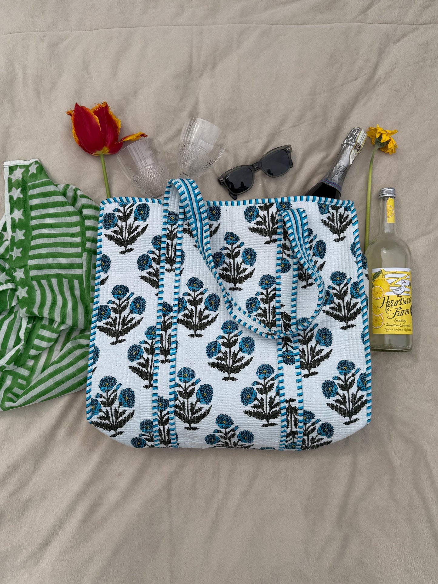 Quilted Tote Bag - Handcrafted block print : Blue Floral Print, Zippered Pocket